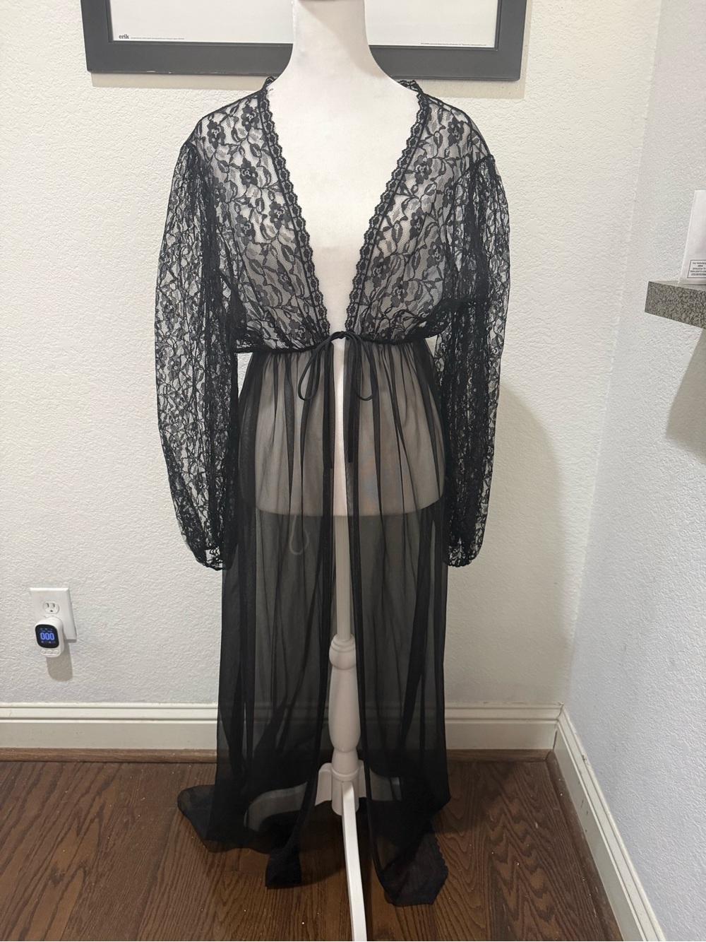 Vintage 70s Undercover Wear Sheer Lace Long Peignoir with Tie Front